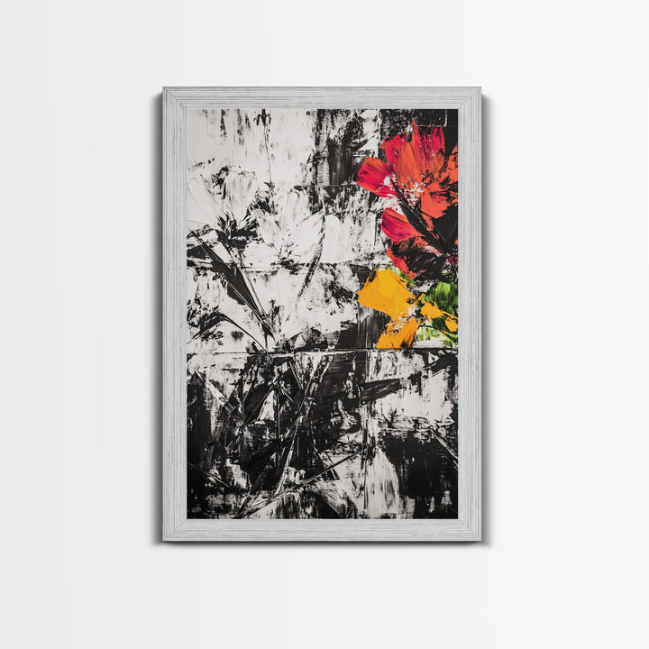 Abstract Flowers, Black and White, Red Floral Art, Bold Wall Decor, Modern Art, Framed Canvas Print, Minimalist Living Room Art
