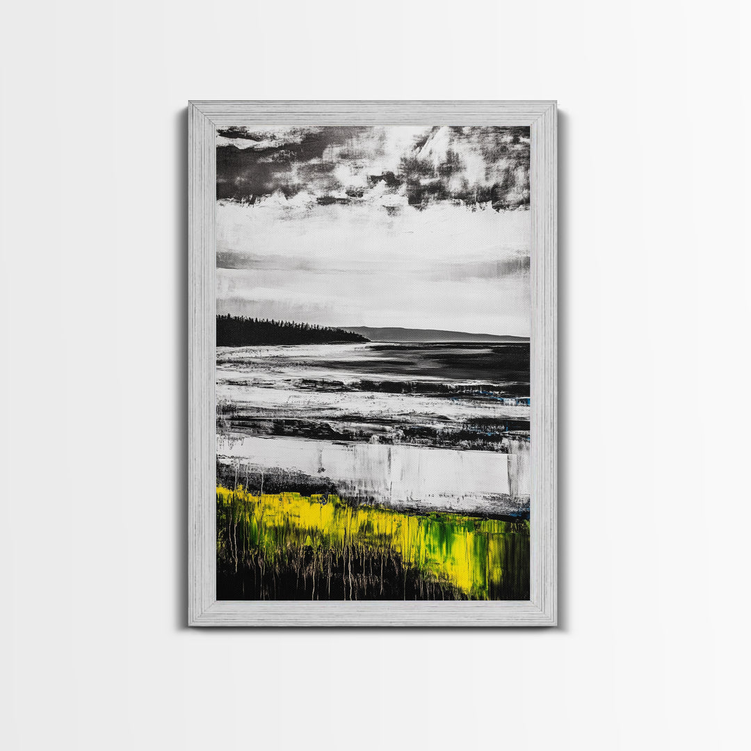 Coastal Shoreline, Misty Landscape, Black and White, Nature Print, Framed Canvas Print, Office Wall Art, Serene Seascape, Minimalist Art