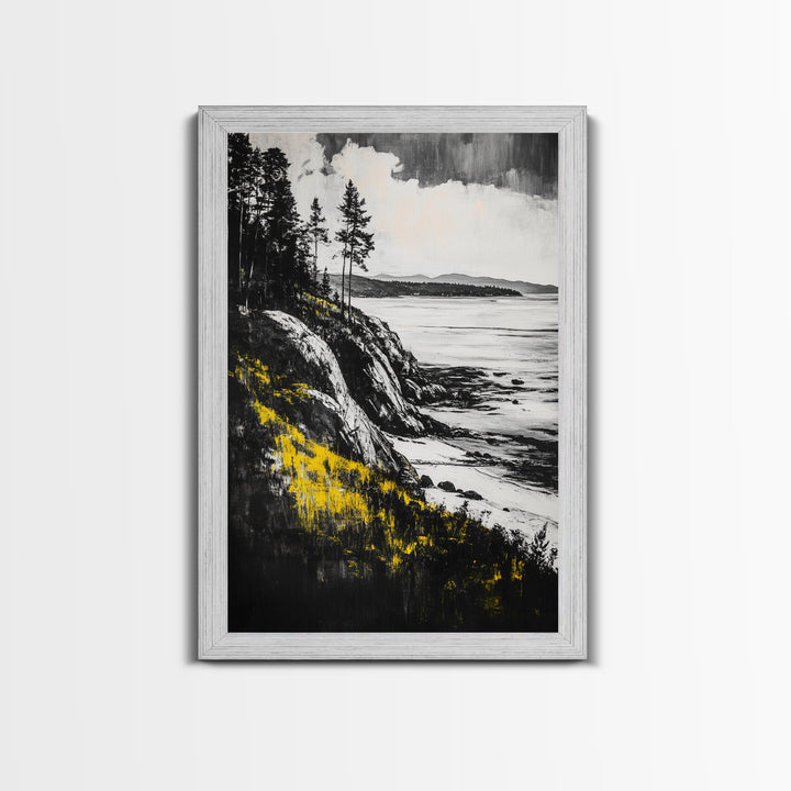 Rocky Coast, Pine Trees, Ocean View, Coastal Landscape, Canvas Print, Cabin Wall Decor, Rustic Home Art, Nature Inspired Painting