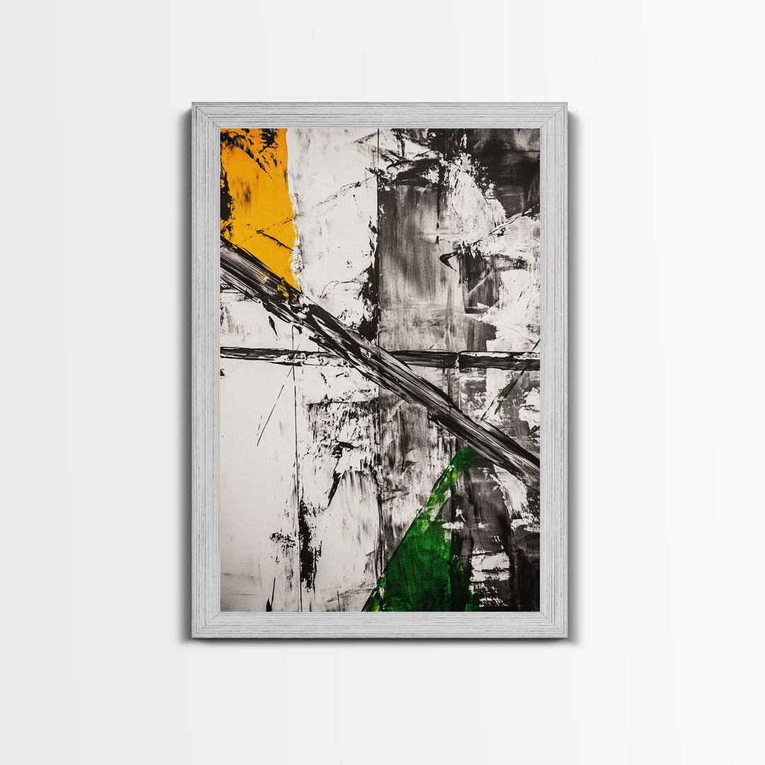 Abstract Expression, Modern Art, Black White Green, Framed Canvas Print, Contemporary Wall Art, Office Decor, Minimalist Painting