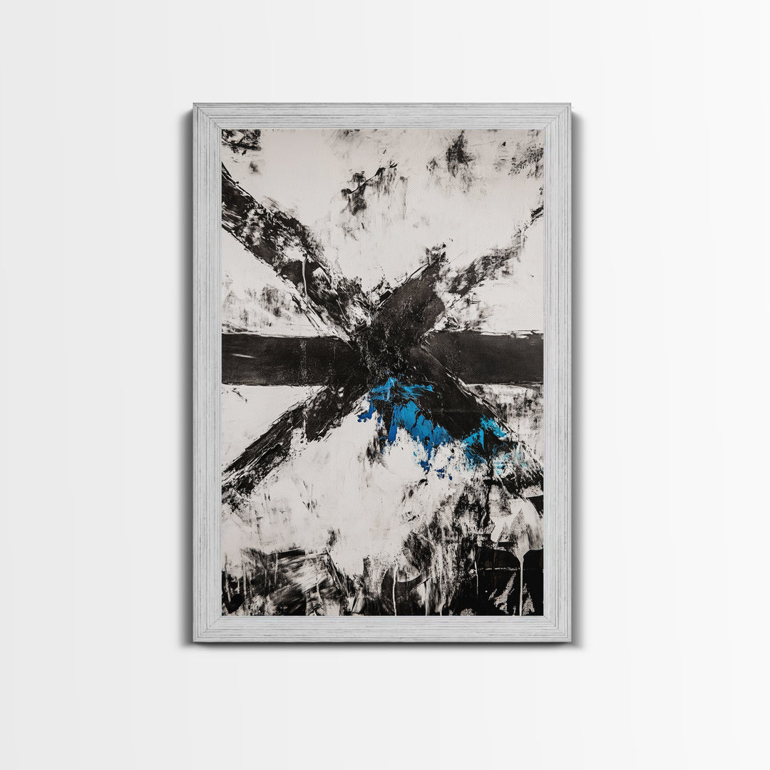 Black White Chaos, Modern Abstract, Bold Brush Strokes, Framed Canvas Print, Office Decor, Industrial Wall Art, Contemporary Art