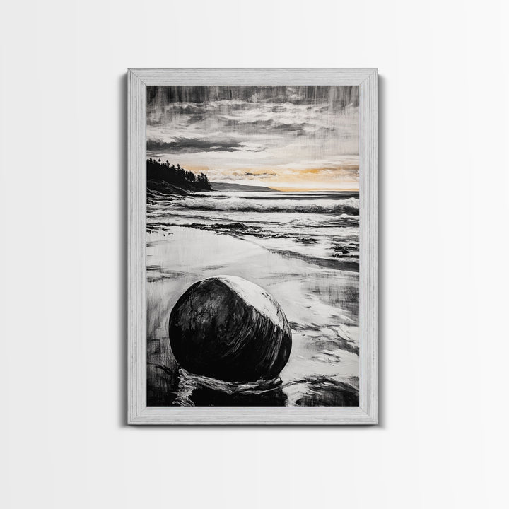 Rocky Beach, Sunset Landscape, Black White Gold, Framed Canvas Print, Coastal Wall Art, Nature Painting, Serene Home Decor