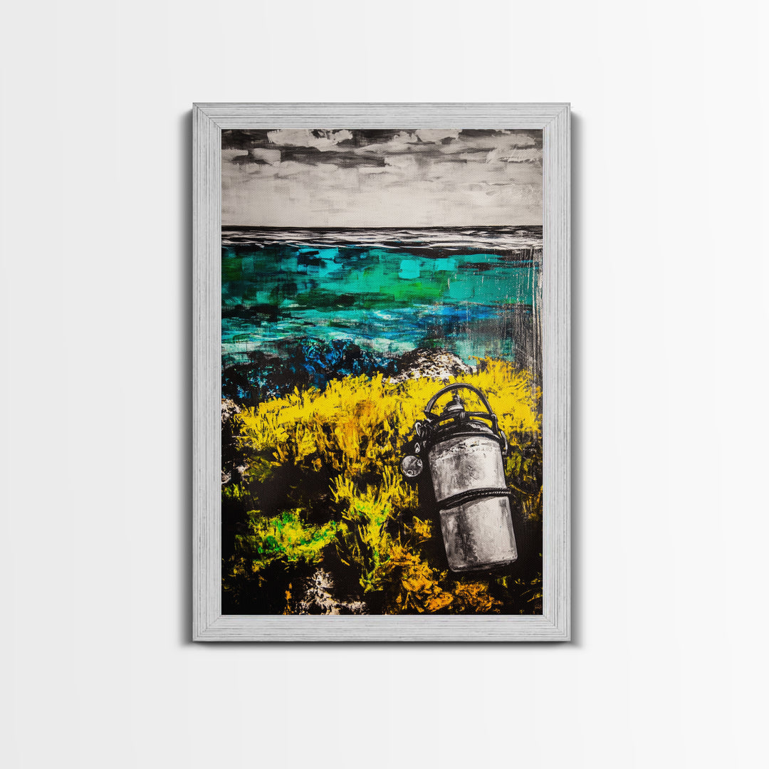 Coastal Lantern, Ocean Shore, Yellow Blue Art, Framed Canvas Print, Nautical Wall Art, Beach House Decor, Rustic Modern Art