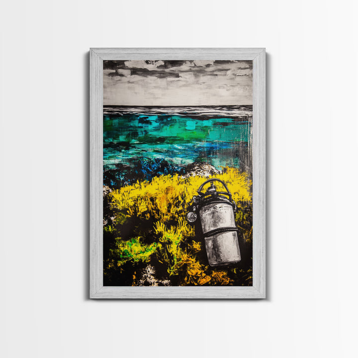 Coastal Lantern, Ocean Shore, Yellow Blue Art, Framed Canvas Print, Nautical Wall Art, Beach House Decor, Rustic Modern Art
