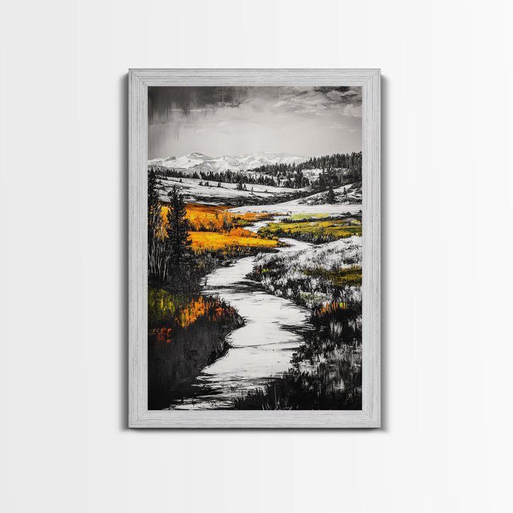 Autumn River, Fall Landscape, Black White Orange, Framed Canvas Print, Nature Wall Art, Cabin Decor, Rustic Home Painting