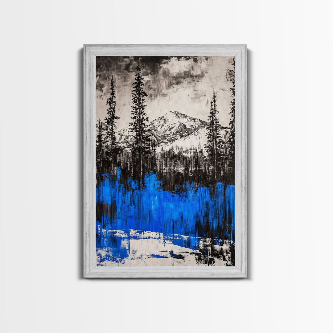 Mountain Wilderness, Winter Landscape, Blue Trees, Framed Canvas Print, Cabin Wall Art, Outdoor Lover Gift, Serene Nature Art