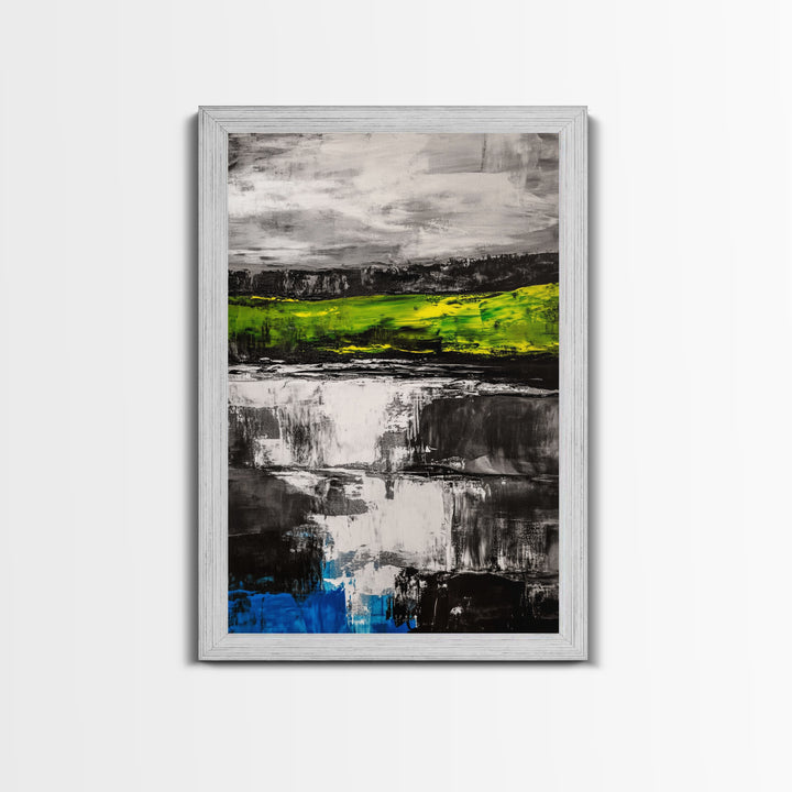 Abstract Landscape, Black White Green, Modern Painting, Framed Canvas Print, Living Room Decor, Minimalist Art, Contemporary Style