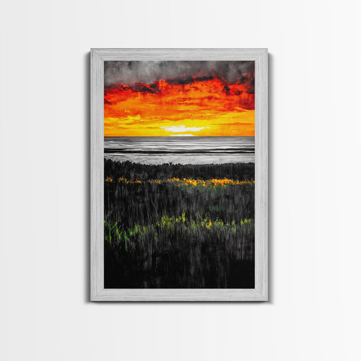 Bold Sunset, Coastal Horizon, Modern Landscape, Framed Canvas Print, Vibrant Seascape Art, Minimalist Beach Decor, Living Room Wall Art