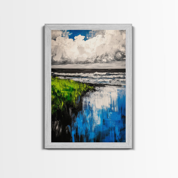 Ocean Reflections, Coastal Wall Art, Blue Abstract Beach Scene, Seascape Framed Canvas Print, Modern Home Decor, Living Room Wall Art