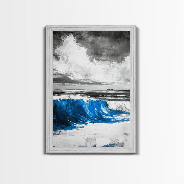 Blue Ocean Wave, Surfing Wall Art, Coastal Beach Print, Nautical Home Decor, Framed Canvas Print, Large Wall Art, Minimalist Seascape