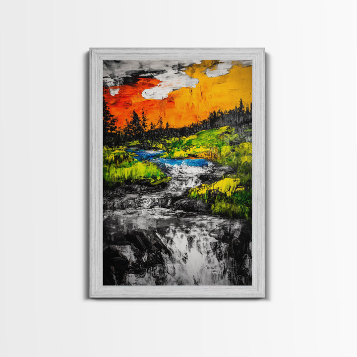 Autumn River, Nature Wall Art, Modern Landscape, Framed Canvas Print, Rustic Home Decor, Office Artwork, Vibrant Sunset Painting