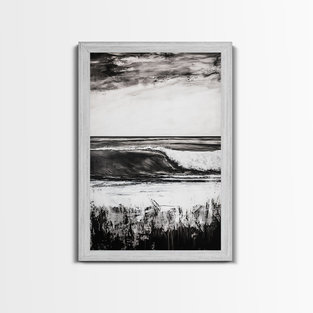 Black White Waves, Ocean Wall Art, Minimalist Coastal, Framed Canvas Print, Beach House Decor, Monochrome Seascape, Surfer Gift