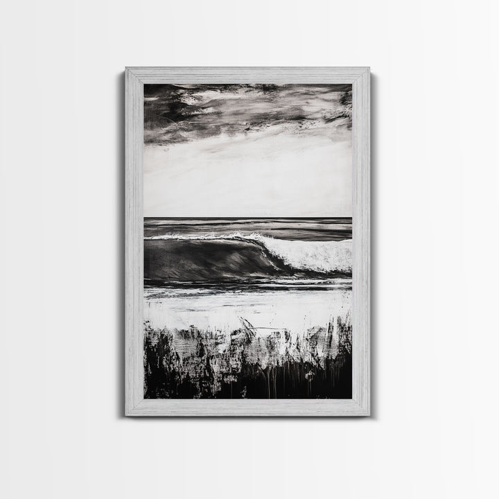 Black White Waves, Ocean Wall Art, Minimalist Coastal, Framed Canvas Print, Beach House Decor, Monochrome Seascape, Surfer Gift