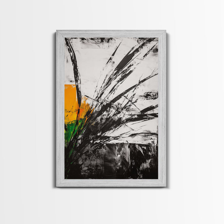 Abstract Grass, Modern Wall Art, Minimalist Home Decor, Framed Canvas Print, Black White Gold, Contemporary Artwork, Bold Design