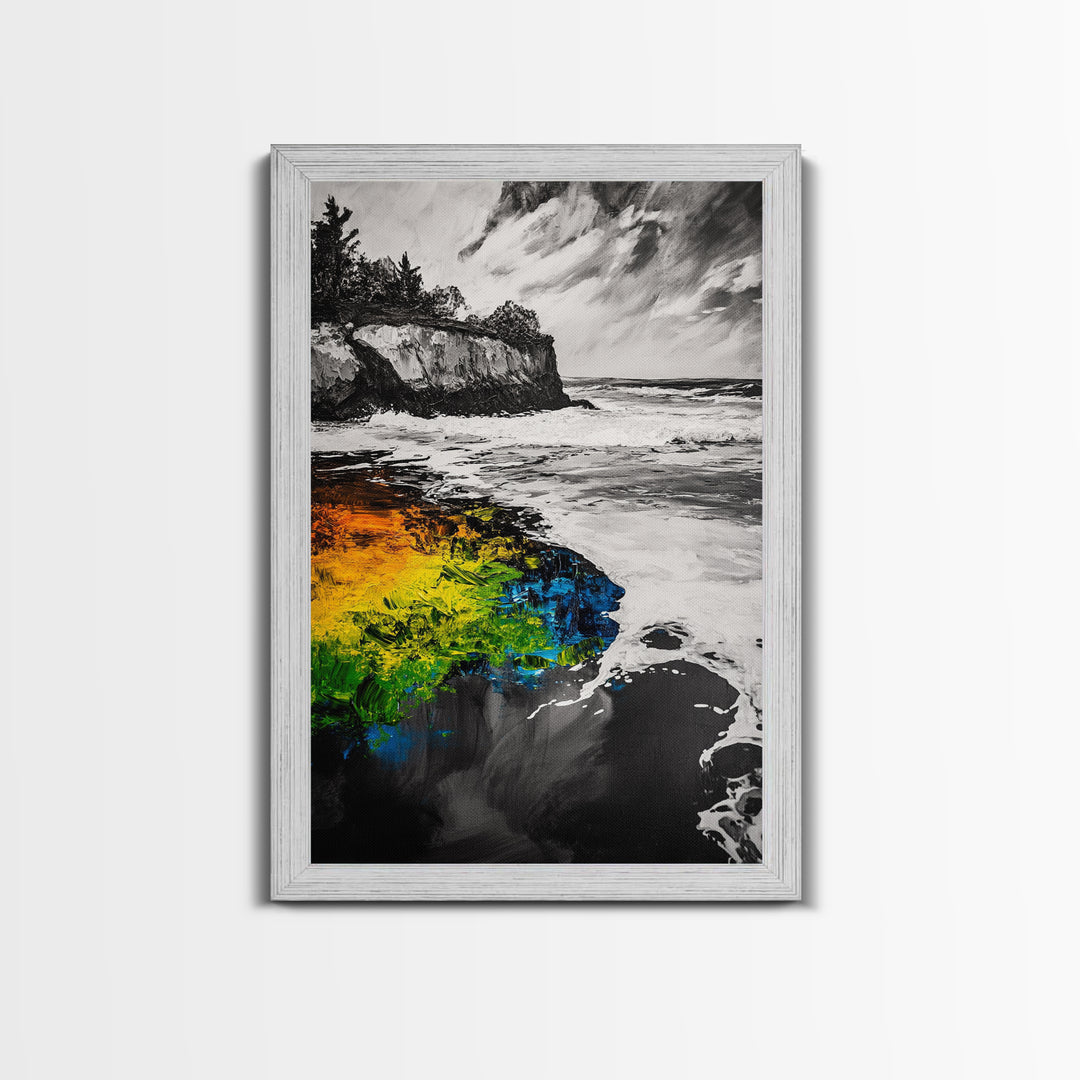 Cliffside Waves, Coastal Wall Art, Ocean Landscape, Framed Canvas Print, Beach House Decor, Monochrome Seascape, Nautical Gift