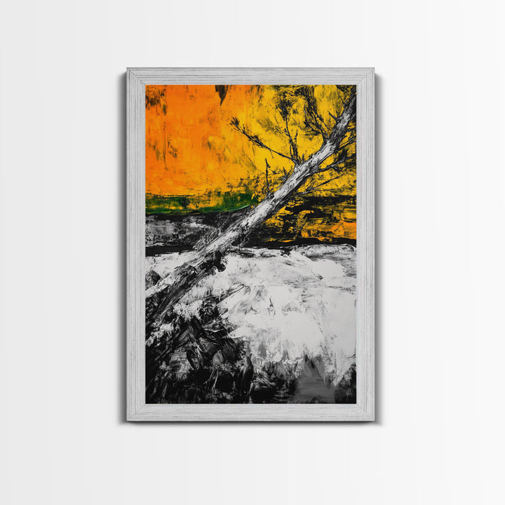 Abstract Tree, Fall Wall Art, Modern Nature Painting, Framed Canvas Print, Rustic Home Decor, Bold Orange Yellow, Unique Artwork