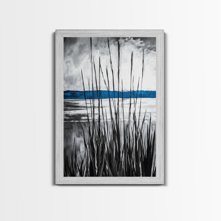 Tall Grass, Serene Lake View, Minimalist Coastal Art, Black White Landscape, Contemporary Home Decor, Canvas Print