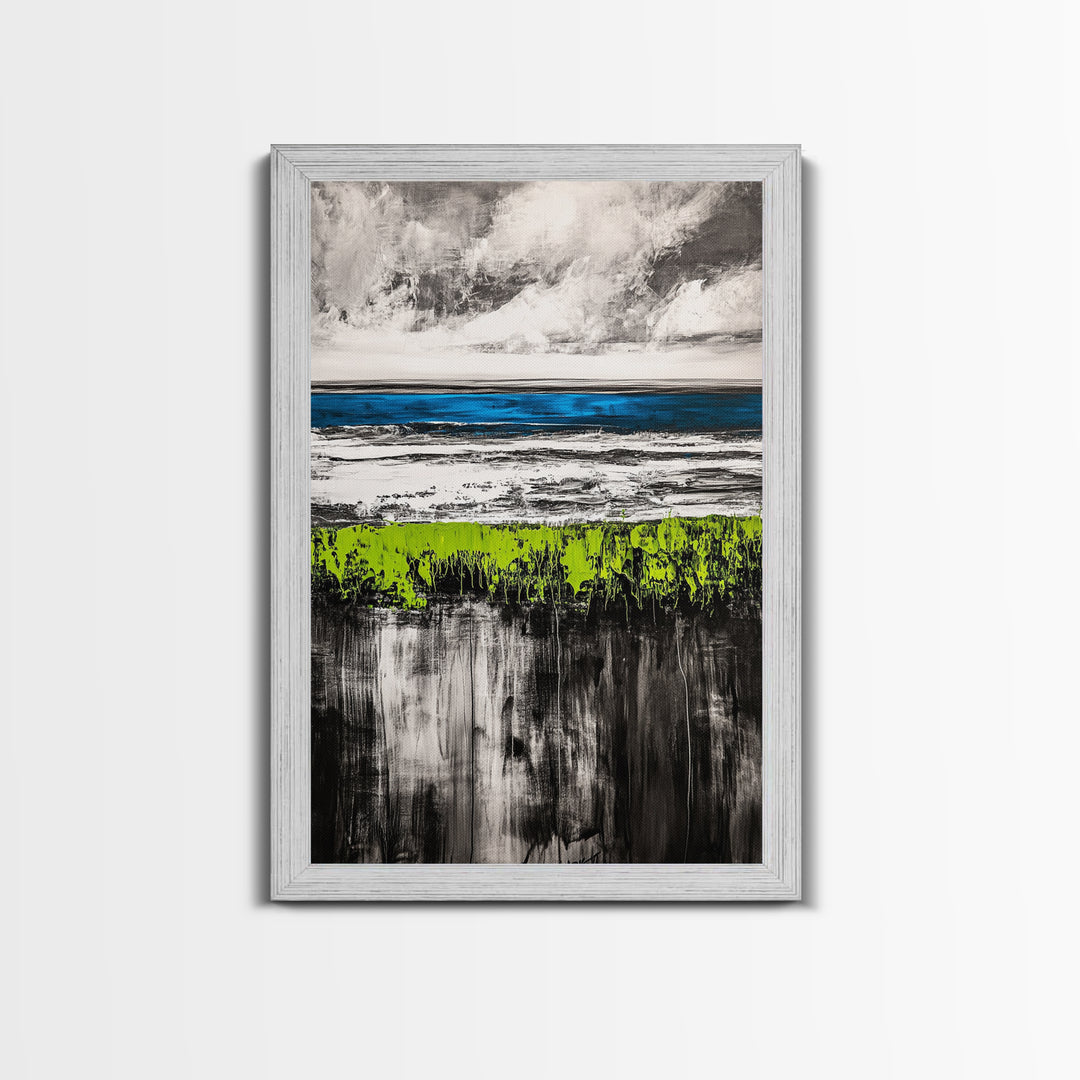 Coastal Horizon, Abstract Ocean, Framed Canvas Print, Beach Wall Art, Nautical Home Decor, Blue and White Art, Modern Living Room Art