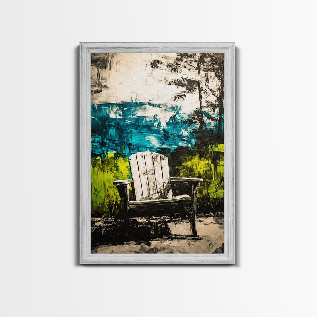 Adirondack Chair, Lakeside View, Framed Canvas Print, Rustic Cabin Decor, Nature Wall Art, Relaxing Retreat Art, Outdoor Artwork