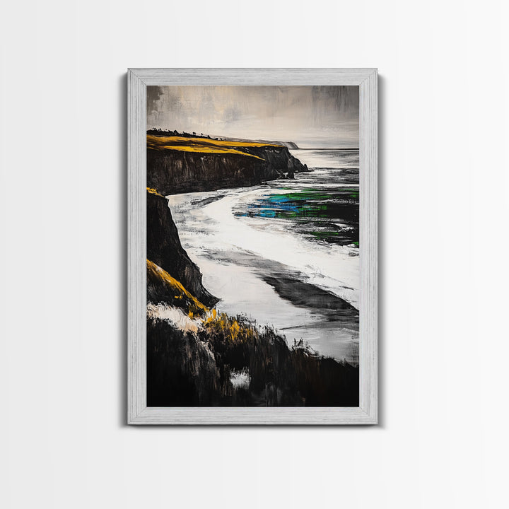 Coastal Cliffs, Ocean Waves, Beach Landscape, Nature Wall Art, Framed Canvas Print, Living Room Decor, Modern Seascape, Blue Tones