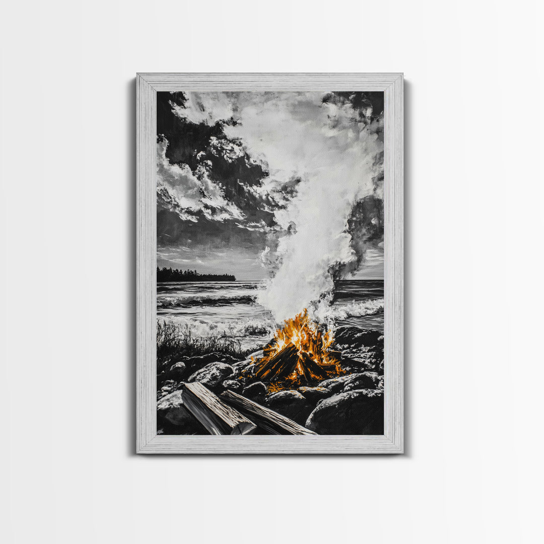 Bonfire on Beach, Coastal Sunset, Framed Canvas Print, Fall Wall Art, Warm Glow Art, Ocean Inspired Decor, Rustic Firelight, Home Accent