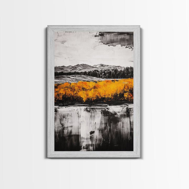 Autumn Mountain Scene, Yellow Trees Reflection, Black White Landscape, Rustic Cabin Art, Cozy Fall Wall Decor, Framed Canvas Print