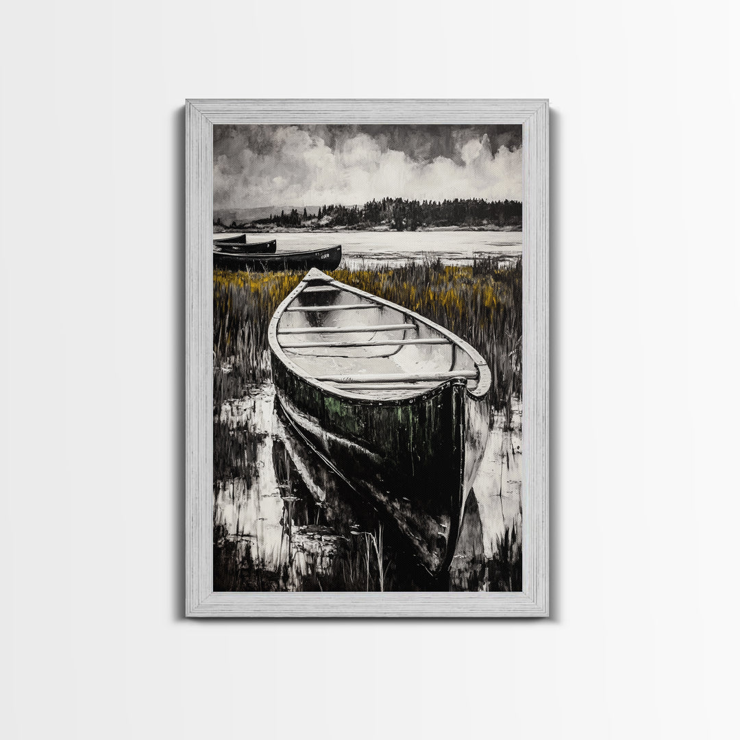Canoe on Water, Lakeside Reflection, Framed Canvas Print, Nature Art, Cabin Wall Decor, Black and White Landscape, Serene Home Accent