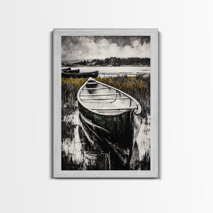 Canoe on Water, Lakeside Reflection, Framed Canvas Print, Nature Art, Cabin Wall Decor, Black and White Landscape, Serene Home Accent