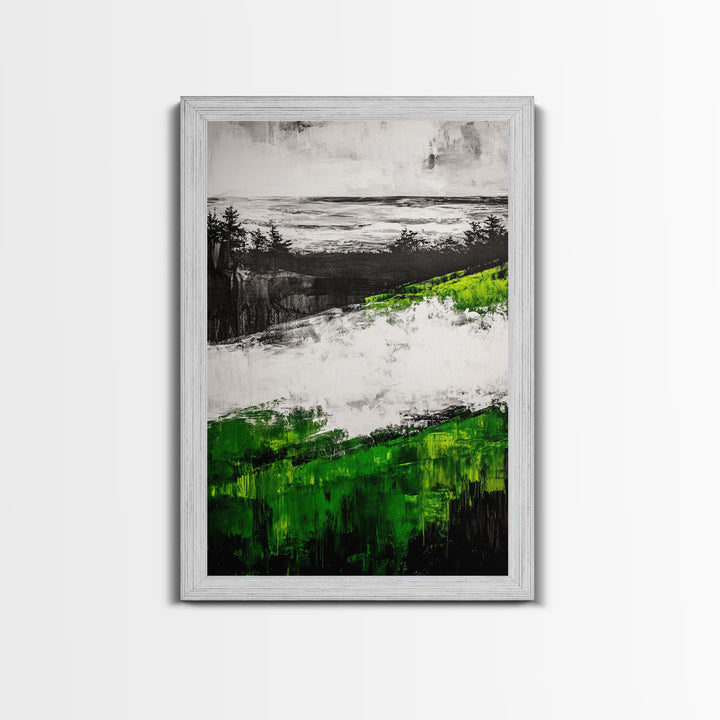 Coastal Cliffs, Ocean Landscape Art, Green Hills Painting, Nature Decor, Outdoor Wall Art, Minimalist Home Print, Framed Canvas Print