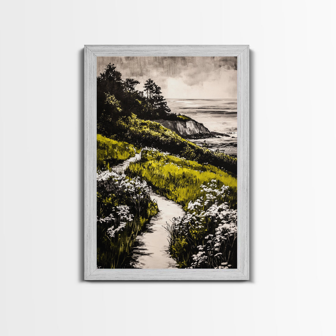 Pathway View, Coastal Nature Painting, Canvas Print, Scenic Landscape, Green and White Wall Art, Serene Home Decor, Boho Artwork