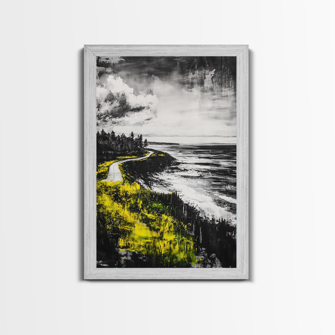 Coastal Road, Ocean View, Yellow Grass, Canvas Print, Scenic Landscape, Rustic Wall Art, Beach House Decor, Nature Painting