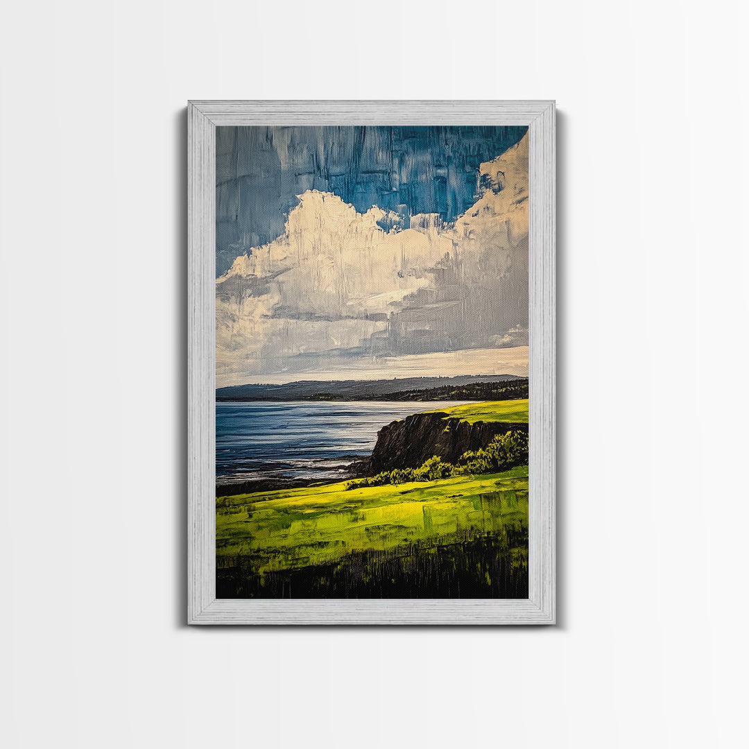 Coastal Cliff Art, Ocean View Print, Nature Landscape Decor, Tranquil Wall Art, Serene Scenery Print, Living Room Art, Framed Canvas Print