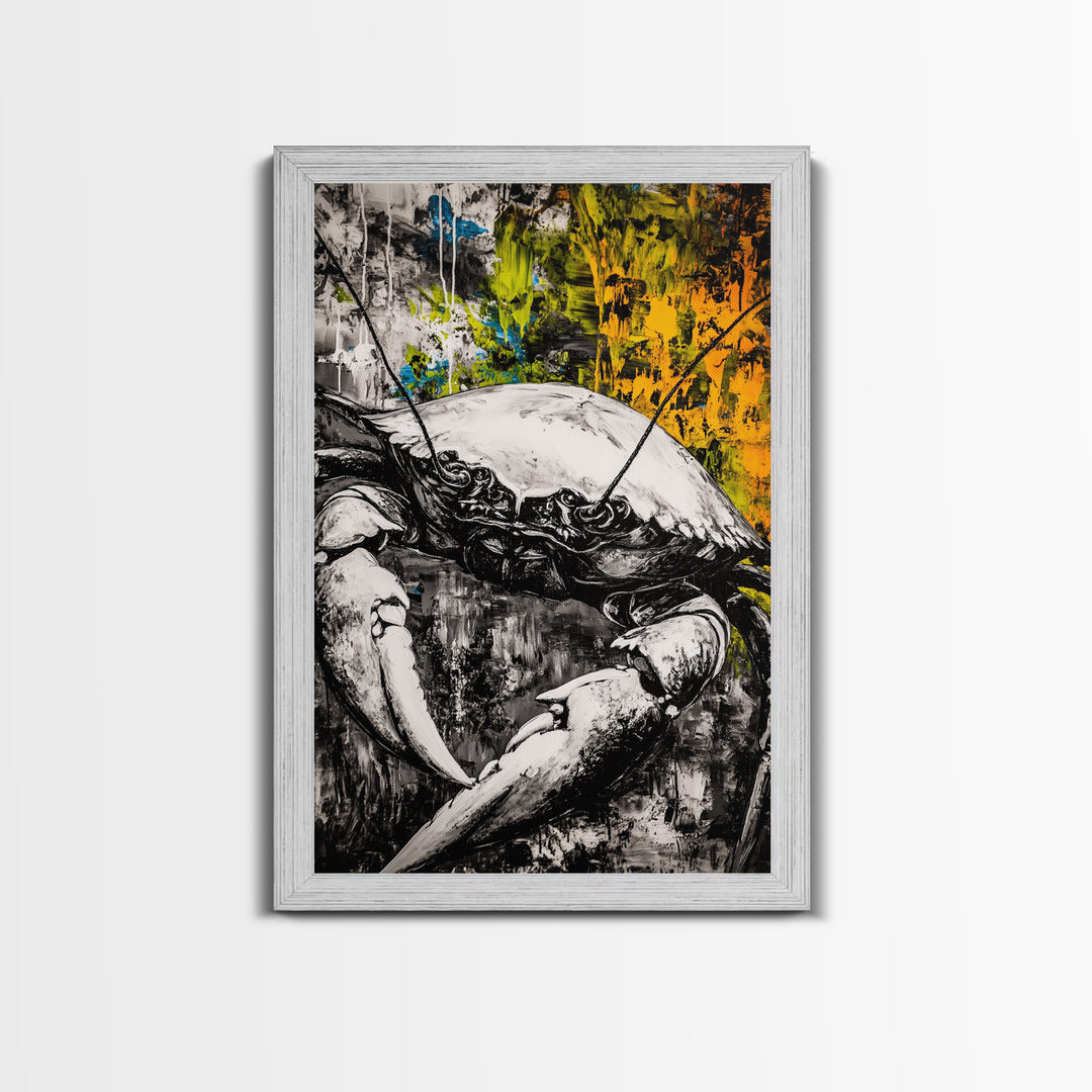 Crab Wall Art, Nautical Coastal Print, Monochrome Decor, Rustic Beach House Art, Marine Illustration, Kitchen Art, Framed Canvas Print