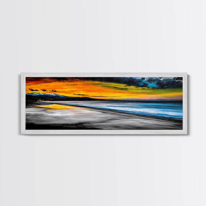 Dramatic Beach Sunset, Golden Coastal Painting, Moody Ocean Wall Art, Vibrant Seascape Print, Tropical Home Decor, Framed Canvas Print
