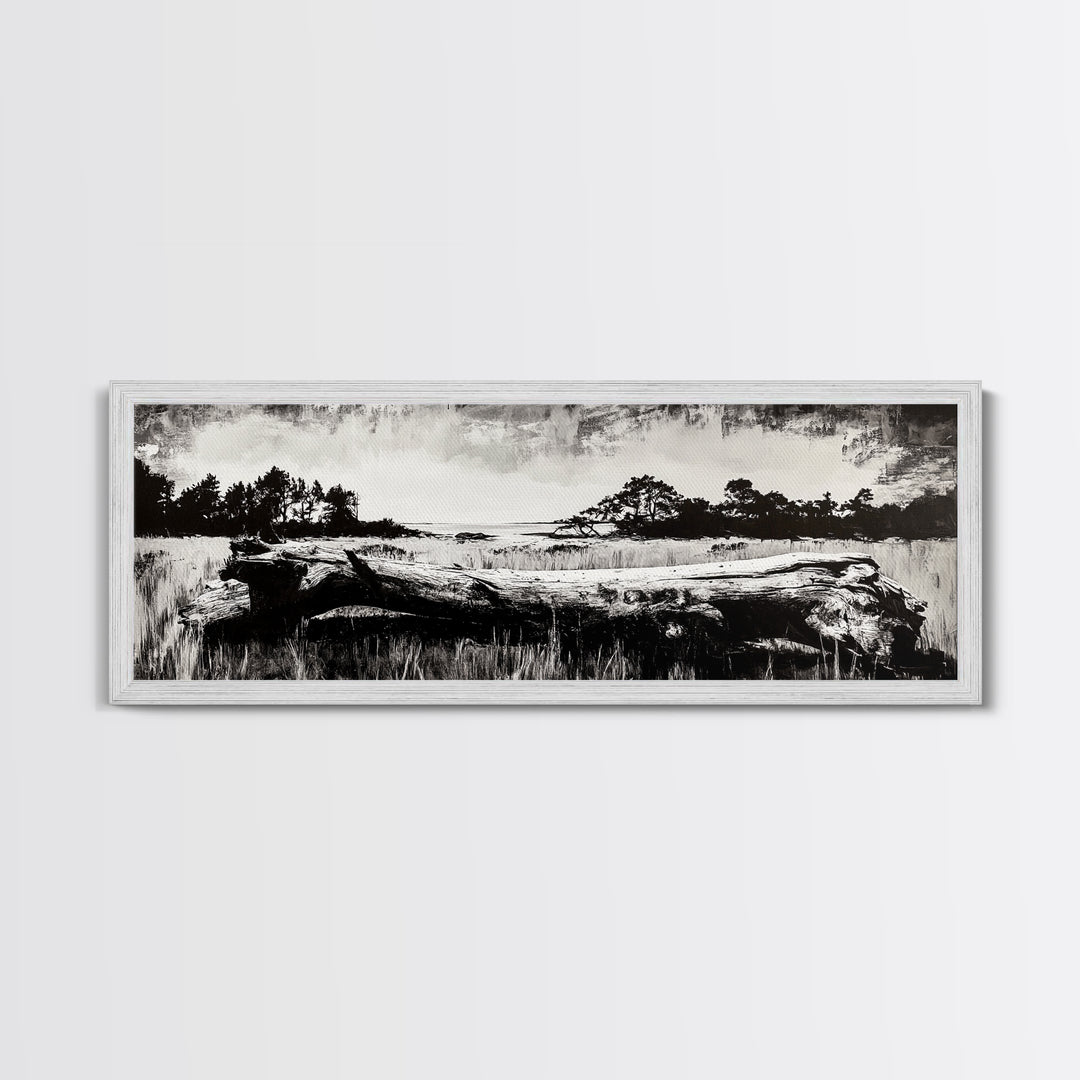 Driftwood Beach, Coastal Landscape, Framed Canvas Print, Black and White Wall Art, Nature Photography Style, Serene Home Decor, Bedroom Art