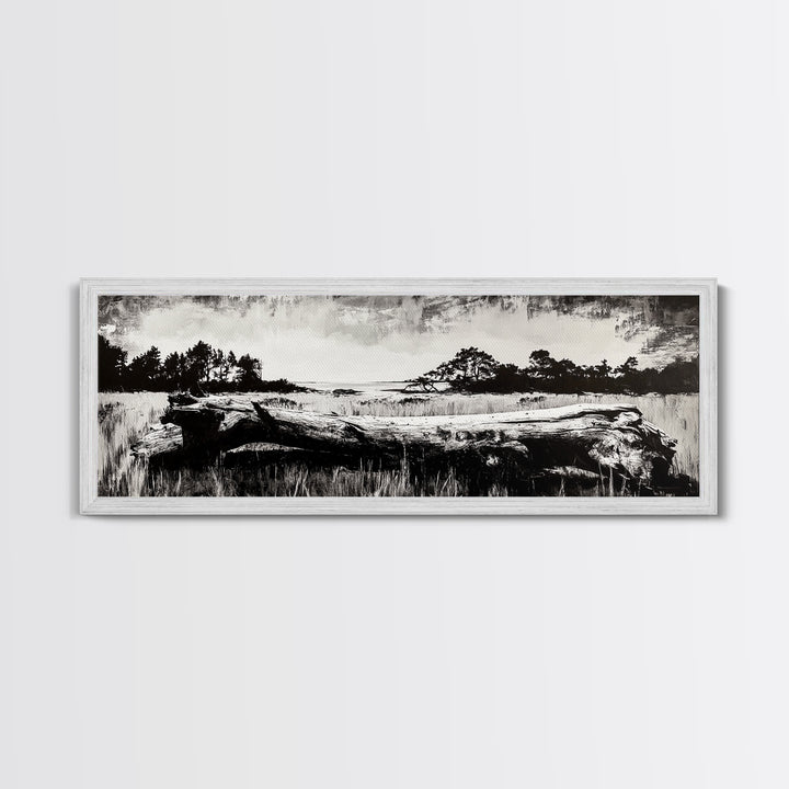 Driftwood Beach, Coastal Landscape, Framed Canvas Print, Black and White Wall Art, Nature Photography Style, Serene Home Decor, Bedroom Art