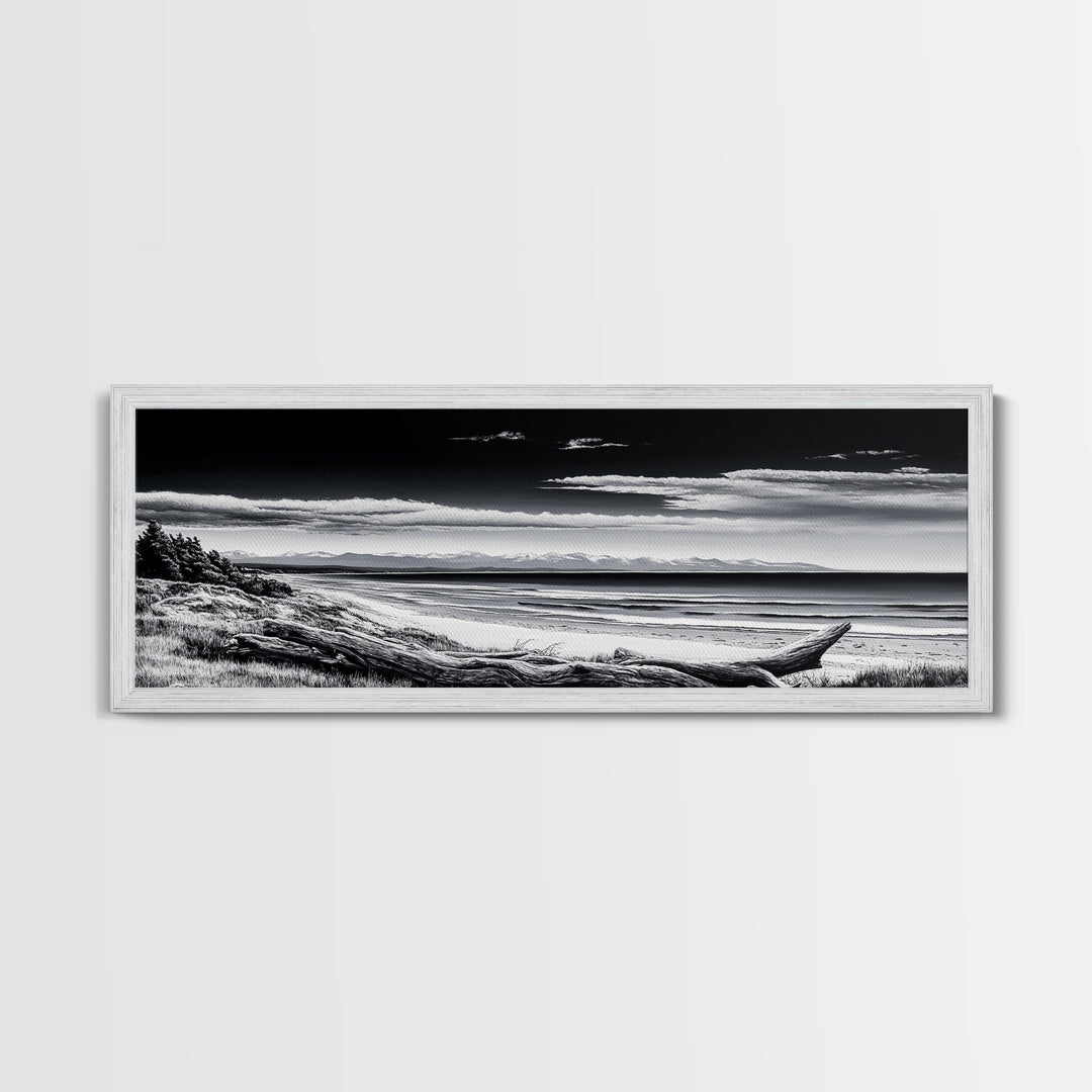 Black and White Beach, Coastal Wall Art, Modern Seascape, Minimalist Art, Monochrome Print, Framed Canvas Print, Bedroom Decor