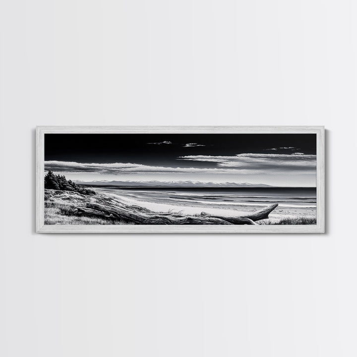 Black and White Beach, Coastal Wall Art, Modern Seascape, Minimalist Art, Monochrome Print, Framed Canvas Print, Bedroom Decor