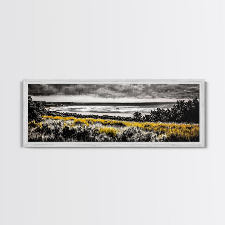 Coastal Storm, Moody Ocean Art, Dramatic Landscape, Black and Gold Print, Framed Canvas Print, Modern Wall Art, Beach House Decor