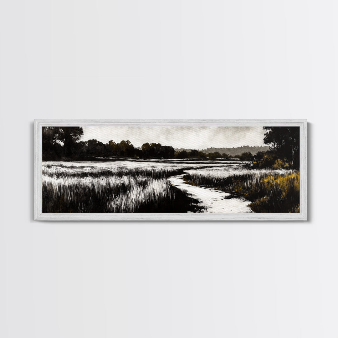Black and White Marsh, Rustic Landscape, Moody Wall Art, Minimalist Nature Print, Framed Canvas Print, Bedroom Wall Decor