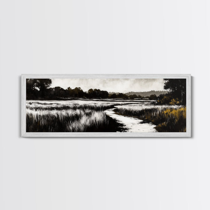 Black and White Marsh, Rustic Landscape, Moody Wall Art, Minimalist Nature Print, Framed Canvas Print, Bedroom Wall Decor