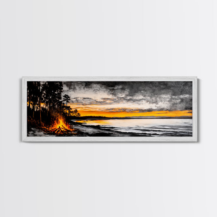 Campfire by Lake, Sunset Landscape Art, Cozy Rustic Print, Fall Wall Decor, Outdoor Adventure Canvas Print, Framed Canvas Print