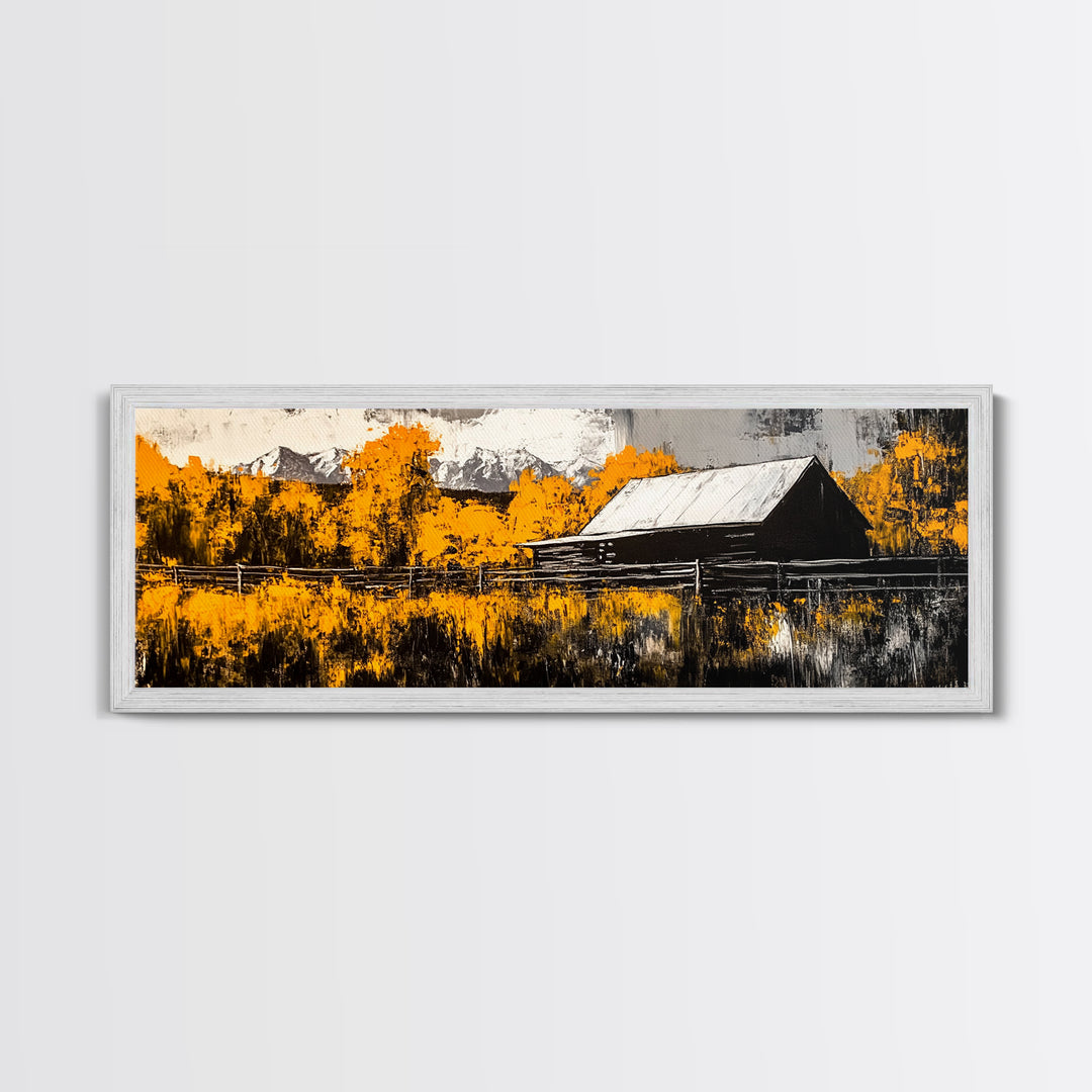 Rustic Cabin, Autumn Mountain Art, Western Wall Decor, Farmhouse Art, Fall Home Decor, Framed Canvas Print, Living Room Wall Art