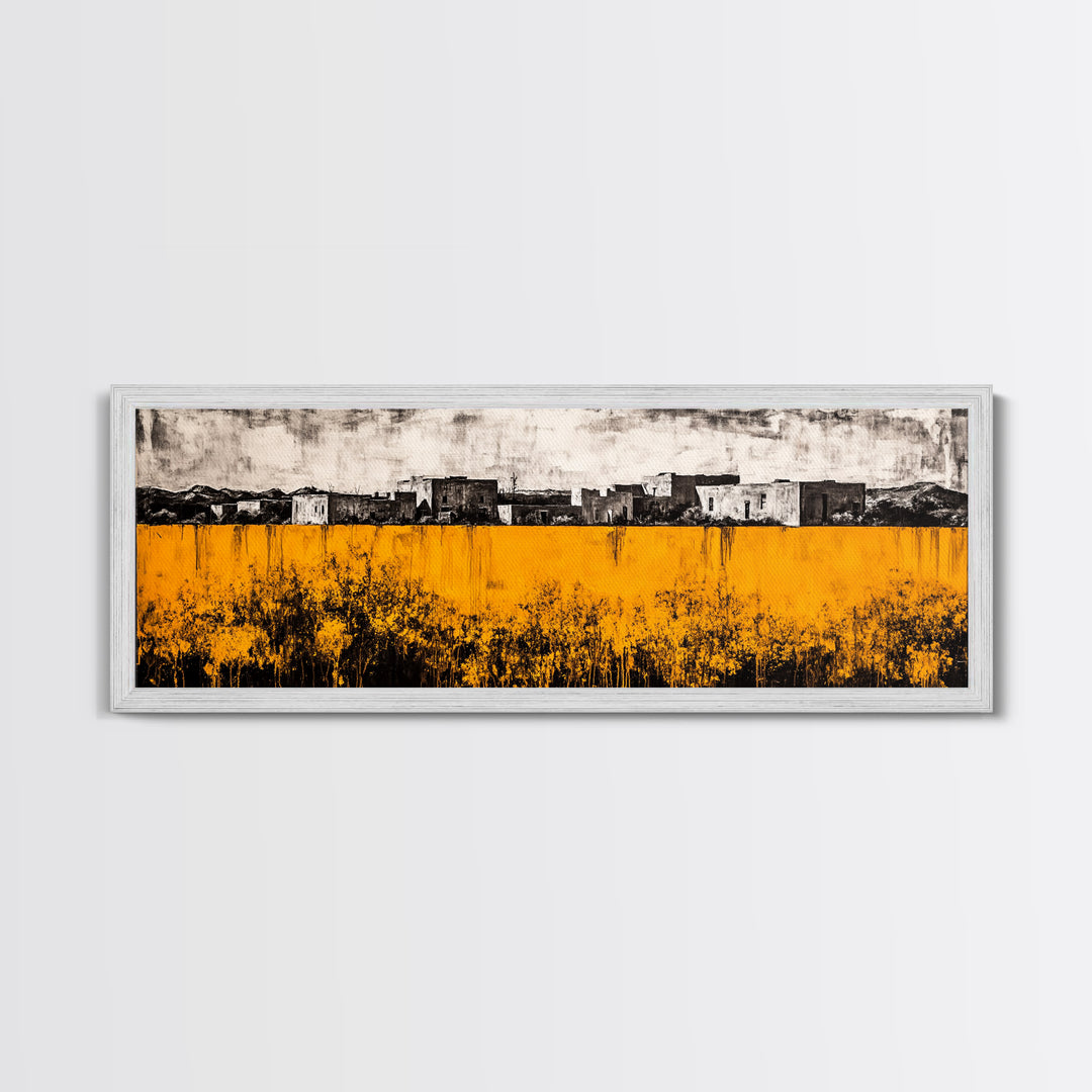 Desert Village, Southwestern Art, Yellow Landscape, Canvas Print, Rustic Wall Decor, Living Room Wall Art, Modern Abstract, Boho Aesthetic
