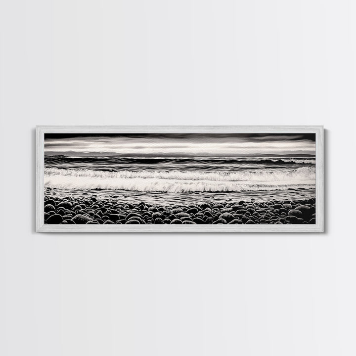 Black and White, Pebble Beach, Monochrome Ocean Art, Coastal Canvas Print, Minimalist Wall Art, Living Room Decor, Framed Canvas Print