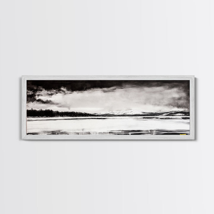 Snowy Lake Scene, Minimalist Landscape, Framed Canvas Print, Winter Wall Art, Serene Home Decor, Modern Office Art, Monochrome Nature Painting