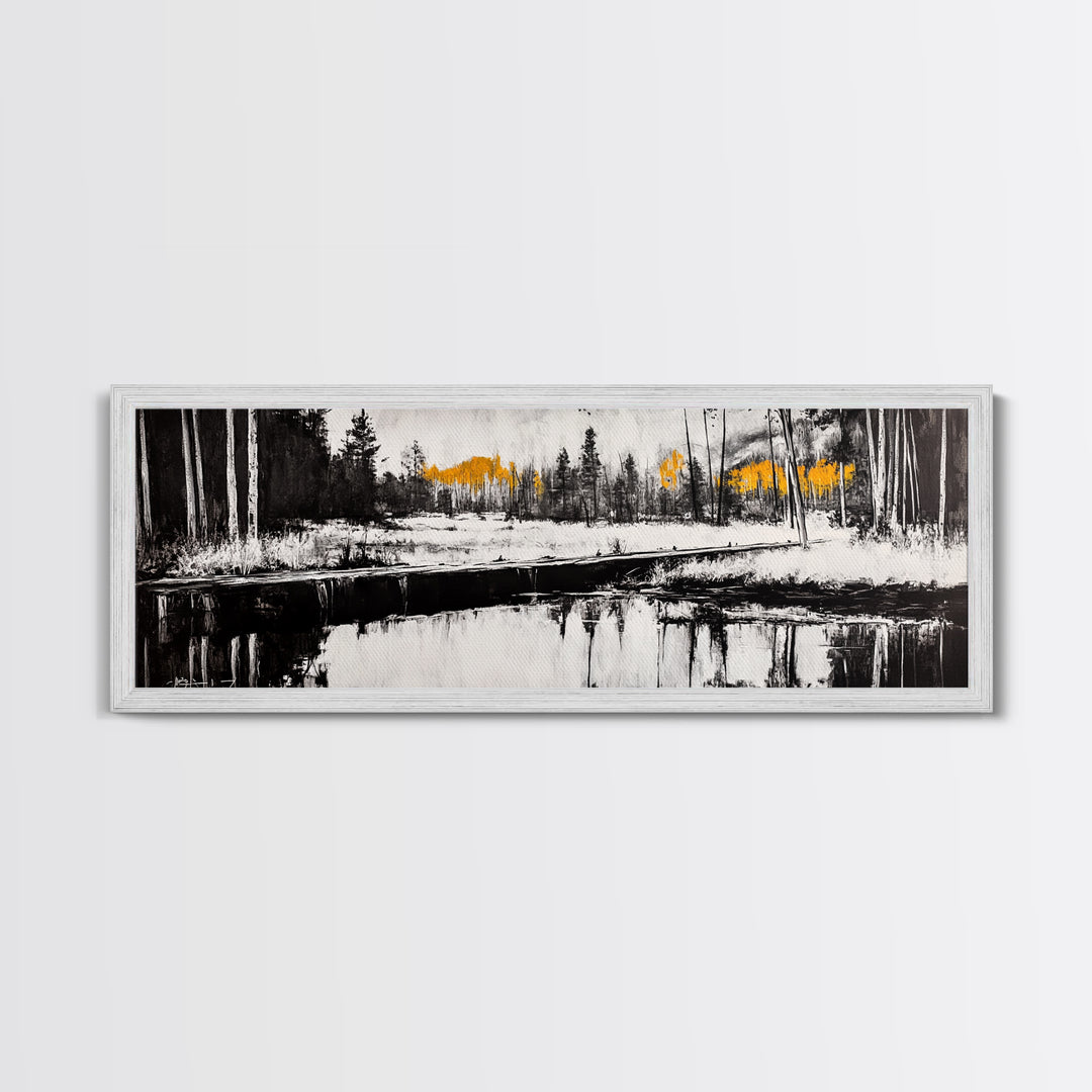 Forest Reflection, Wooden Bridge, Still Water, Black and White, Framed Canvas Print, Minimalist Wall Art, Living Room Art, Nature Decor