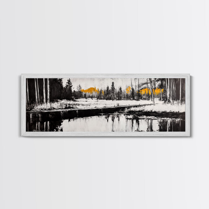 Forest Reflection, Wooden Bridge, Still Water, Black and White, Framed Canvas Print, Minimalist Wall Art, Living Room Art, Nature Decor