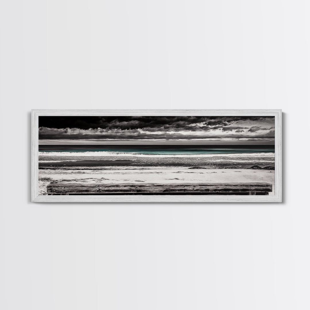 Ocean Bench, Beach Serenity, Black and White Seascape, Minimalist Art, Framed Canvas Print, Calm Coastal, Meditation Space