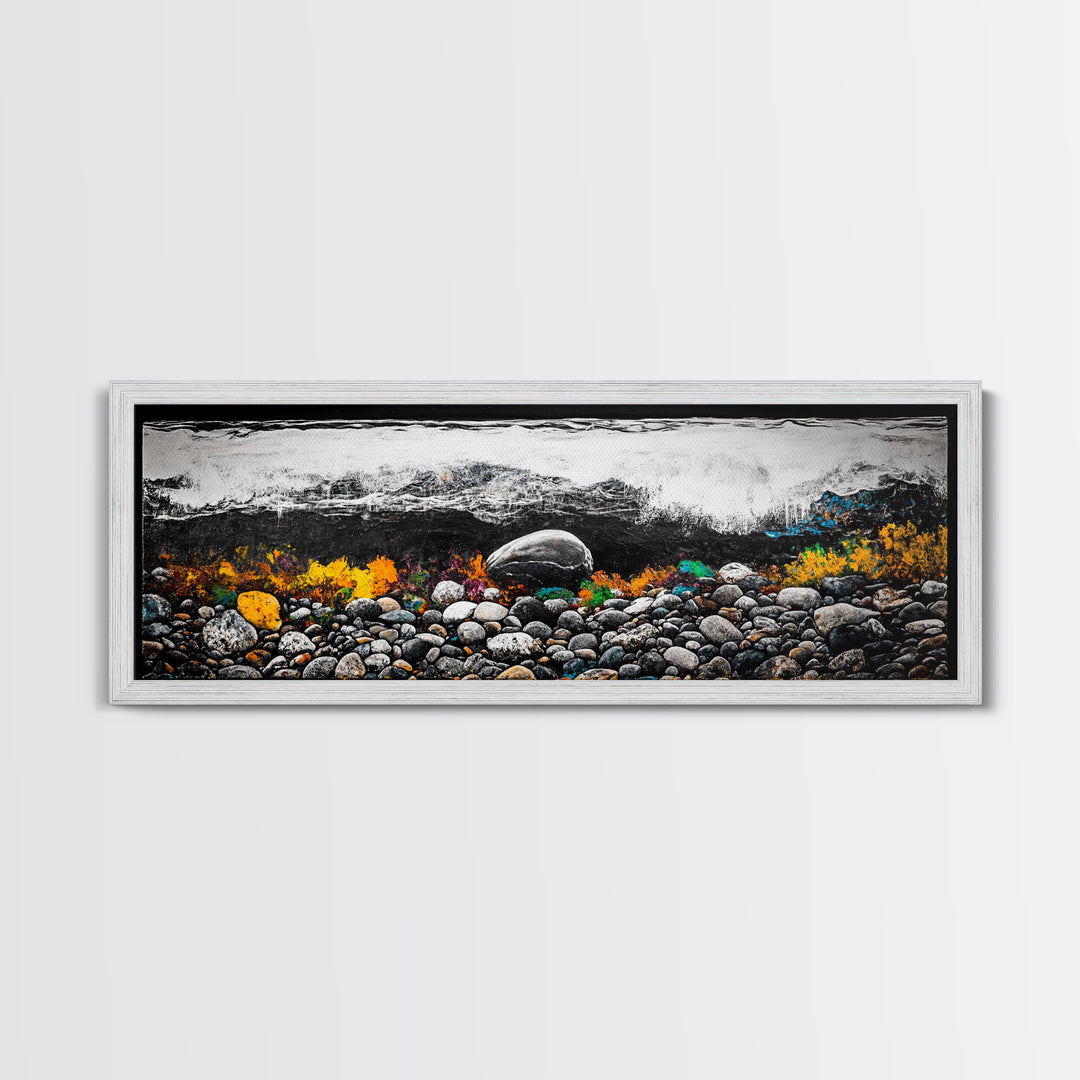 Pebble Beach, Ocean Waves, Coastal Rocks, Canvas Print, Nautical Home Decor, Beach House Art, Nature-Inspired Wall Art, Minimalist Seascape